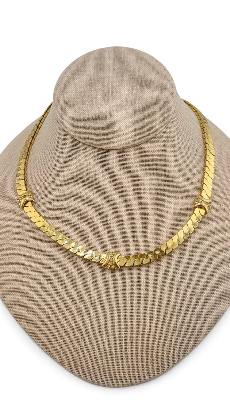 Vintage Gold Tone Herringbone Necklace Rhinestones Statement Choker 16.75"